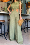 namcoverse Solid Color Ruffle Glamorous Cutout Waist Jumpsuit