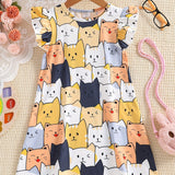 Adorable Cartoon Cat Sleeveless Tunic Dress for Girls - Soft Polyester Knit Fabric, Geometric Pattern, Regular Fit, Slight Stretch, Perfect for Summer Holidays