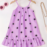 Girls Whimsical Polka Dot Dress - Delicate Spaghetti Strap, Sleeveless, Flirty Ruffle Hem, Halter Neckline - Perfect for Party Occasions, Ideal for Beach and Summer Fun