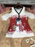 Snowman V Neck T-Shirt - Casual, Cold Shoulder, Short Sleeve, Spring & Summer Essential, Women's Clothing for Relaxed Fit, Fun Print Design