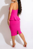 namcoverse Solid Color One Shoulder Tiered Ruffle Striking Twisted Peplum Midi Dress