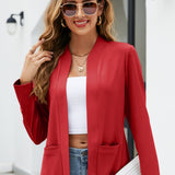 Elegant Solid Color Lapel Blazer for Women: Durable, Warm, Easy-Care with Pockets, Perfect for Fall/Winter