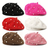 Stylish Pearl Embellished Beret Hat - Soft, Lightweight, Warm, and Elegant Solid Color Painter Cap for Women's Daily Use in Autumn and Winter - Perfect for Casual Outings and Formal Events