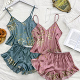 2 Sets Luxurious Floral Print Satin Pajama Set - Elegant V Neck & Backless Crop Cami Top with Flirty Ruffle Hem Shorts - Feminine Womens Sleepwear for Dreamy Nights