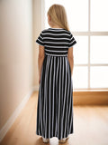 Girls Striped Maxi Dress - Short Sleeve, Loose & Comfortable - Versatile Casual Style for Everyday Wear