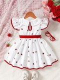 Adorable Girls Strawberry Pattern Sleeveless Doll Collar Ruffle Hem Dress with Belt - Casual Summer Outfit for Machine Washable Woven Fabric - Easy Care and Regular Fit