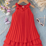 Charming Girls Sleeveless Pleated Halter Dress with Bow Accent - Lightweight Summer Swing Midi for Stylish Outings