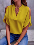 Plus Size Cold Shoulder Blouse - Chic V Neck, Short Sleeve, Spring Essential for Womens Curvy Figures - Elegant, Comfortable, and Confident Fit