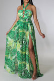 namcoverse Leaf Print O-Ring Cutout Luxe High Split Maxi Dress