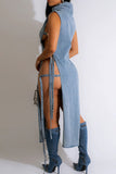 namcoverse Solid Color Party Buckled Design Denim Midi Dress