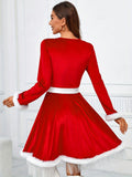 1pc Festive Christmas Dress for Women, Polyester Red Santa Costume with Faux Fur Trim and Belt Detail, Casual Round Neck Long Sleeve Holiday Party Outfit