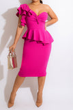 namcoverse Solid Color One Shoulder Tiered Ruffle Striking Twisted Peplum Midi Dress