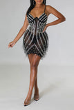 namcoverse Rhinestone & Beaded Decor Hot Tassel Trim See-Through Mini Dress