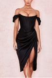 namcoverse Solid Color Off Shoulder Feminine High Split Midi Dress