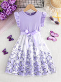 Girls Charming Butterfly Print Loose Fit Comfy Casual Dress - Slight Stretch, Polyester, Belted, Perfect for Summer Holiday Outings and Everyday Wear