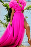 namcoverse Solid Color Mesh Tiered Sleeve Feminine High Split Maxi Dress