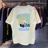 Top Craftsmanship Rhude Mens T Shirts summer Fashion designer tshirts Street Casual Short Sleeve Beach Style tees Cotton Printing Shirt 23SSS A124