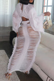 namcoverse Solid Color Ripped Tassel Bohemia Knitted Skirt Suit Beachwear