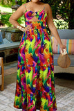 namcoverse Feather Print Colorful Tiered Ruffle Maxi Dress