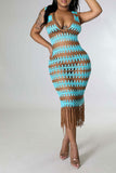 namcoverse Wavy Lines Crochet Cutout Stunning Tassel Midi Dress Beachwear