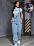 Women's Fashion Denim Overalls With Heart & Argyle Pattern, Comfortable Preppy Style, Versatile Washed Jean Jumpsuit With Pockets for autumn