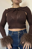 namcoverse Feather Trim Modern Cold Shoulder Lace-Up Sweater