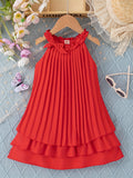 Charming Girls Sleeveless Pleated Halter Dress with Bow Accent - Lightweight Summer Swing Midi for Stylish Outings