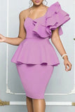 namcoverse Solid Color One Shoulder Tiered Sleeve Girly Peplum Midi Dress