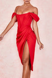 namcoverse Solid Color Off Shoulder Feminine High Split Midi Dress