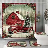 OpenJIT 1/4pcs Christmas Winter Tree Truck House Holly Farmerhouse Red Shower Curtain Set Waterproof Polyester Washable Shower Curtain for Xmas Bathroom or Shower Decor with 12 Hooks Non-slip Bath Mat U-shape Toilet Lid Cover Mat, Christmas Decorations