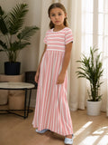 Girls Striped Maxi Dress - Short Sleeve, Loose & Comfortable - Versatile Casual Style for Everyday Wear