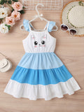 Adorable Cartoon Kitty Girls Summer Dress - Cute Ruffles, Contrast Stitching & Easy-Care Knit Fabric