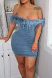 namcoverse Feather Trim Off Shoulder Rocking Denim Mini Dress