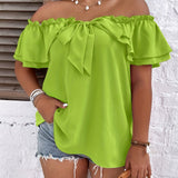 Plus Size Off Shoulder Blouse - Delicate Ruffle Trim Accent, Exquisite Elegant Bow Front Design, Comfortable Short Sleeve Style - Perfect for Spring and Summer Seasons, Womens Fashion Clothing for a Stylish Look