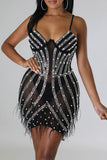 namcoverse Rhinestone & Beaded Decor Hot Tassel Trim See-Through Mini Dress