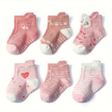 12 Pairs Of Girl's Trendy Pinky Design Floor Socks, Anti-skid Cotton Socks With Dot Glue, Boys Girls Kids Socks For All Seasons Wearing