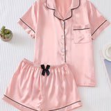 Womens Solid Satin Pajamas Set - Luxurious Short Sleeve Button Top & Bow Shorts - Soft Sleepwear & Loungewear for Stylish Nighttime Elegance, Summer Ready