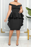 namcoverse Solid Color Commuting Peplum Ruffle Midi Dress