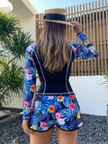 Random Tropical Print Mid Waist Short Bikini Sets Swimsuit for Women Long Sleeve Two Pieces Beachwear Bathing Suit Swimwear 240118