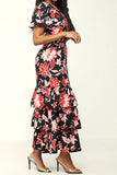 namcoverse Floral Print Glamorous Belted Tiered Midi Dress