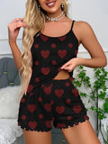 Womens Casual Heart Print Pajama Set - Soft Micro Elastic Polyester Fabric, Crew Neck Backless Cami Top, Elastic Shorts, Frill Details, Machine Washable, Flame Resistant, All-Season Sleepwear & Loungewear