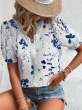 Plus Size Floral Print Blouse - Stylish & Comfortable with Delicate Lace Trim - V Neck Short Sleeve for Spring - Fashionable Womens Plus Size Clothing