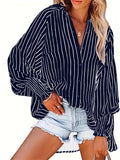 Plus Size Striped Print Lantern Sleeve Lapel Collar Tunic Shirt - Soft Slight Stretch Fabric, Semi-Sheer, Pocket Detail, Casual Style for Spring and Fall - Polyester Woven Shirting with Random Printing