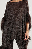 namcoverse Solid Color Fuzzy Trim Rocking Irregular Pant Suit