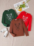 3PCS Boy's Creative Long Sleeve Tee Tops Geometric Wolf Print Casual T-shirt Christmas Gift