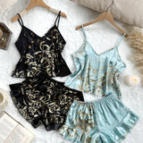 2 Sets Luxurious Floral Print Satin Pajama Set - Elegant V Neck & Backless Crop Cami Top with Flirty Ruffle Hem Shorts - Feminine Womens Sleepwear for Dreamy Nights