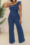 namcoverse Solid Color Denim Rocking Ruffles One Shoulder Jumpsuit