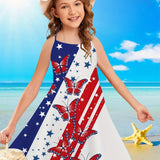 Girls Comfy Flag & Butterflies Print A-line Cami Dress - Soft Slight Stretch Polyester Fabric, Machine Washable, Regular Fit, Perfect for Spring/Summer Holiday Beach Casual Wear