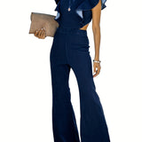 Women's Casual Flare Jeans Jumpsuit With Ruffle Sleeves, Full-Length Plain Backless Denim Overalls Dungarees