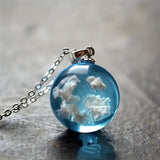 Round Resin Globe Pendant Necklace - Unique Boho Chic Jewelry with Clear Sky & Clouds Design - Perfect Creative Holiday Gift for Girls and Teens